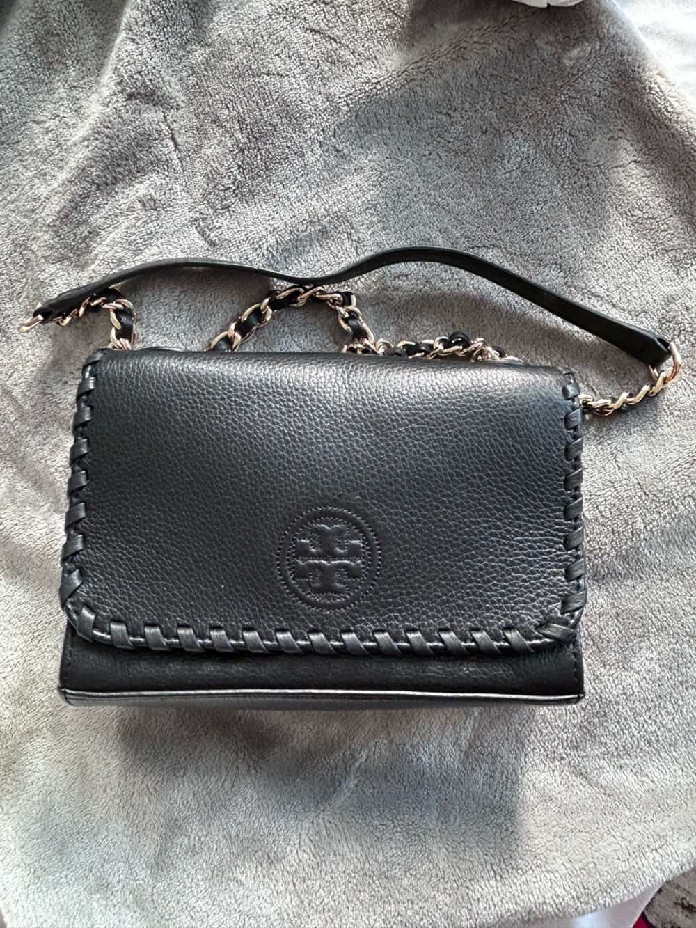 Tory Burch Black Whipstitched Leather Chain Crossbody